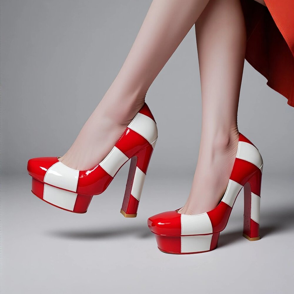 Kandee White Red Striped Leather Streetwear Ultra High Platform Heels 39 7.5-8